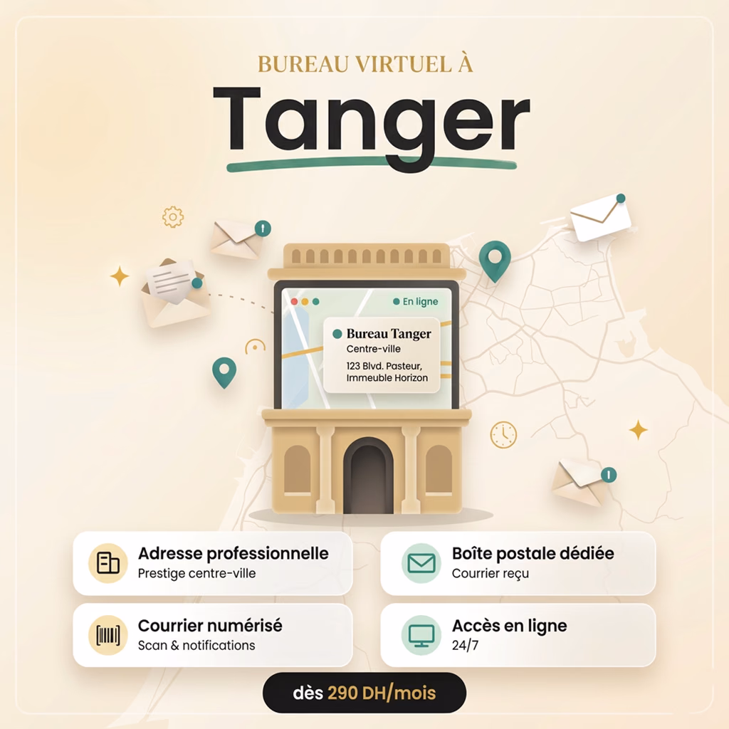 Bureau virtuel à Tanger avec LetsPro : adresse professionnelle prestige centre-ville, boîte postale dédiée avec courrier reçu, courrier numérisé (scan & notifications), accès en ligne 24/7 et localisation Google Maps, dès 290 DH/mois.