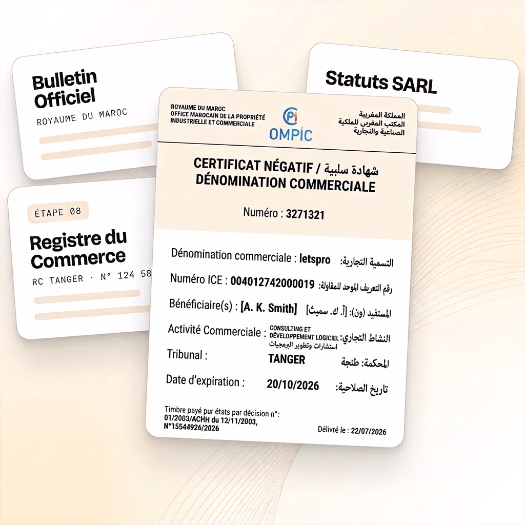 Negative certificate Tangier — OMPIC: reserved trade name, certified copies and company formation documents.