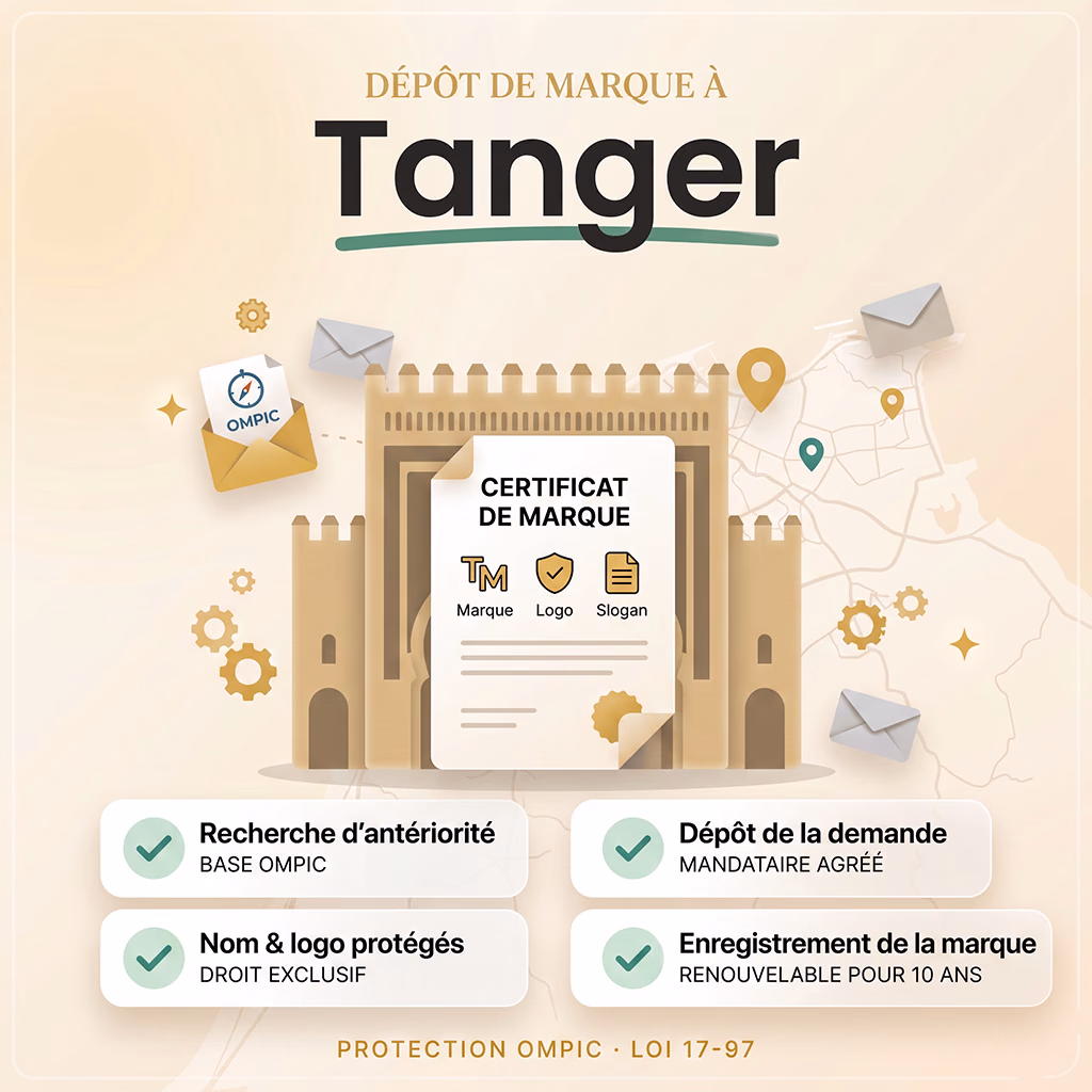 Dépôt de marque à Tanger avec LetsPro : certificat de marque OMPIC, recherche d'antériorité, protection du nom et du logo, dépôt de la demande par mandataire agréé, enregistrement renouvelable 10 ans (loi 17-97).
