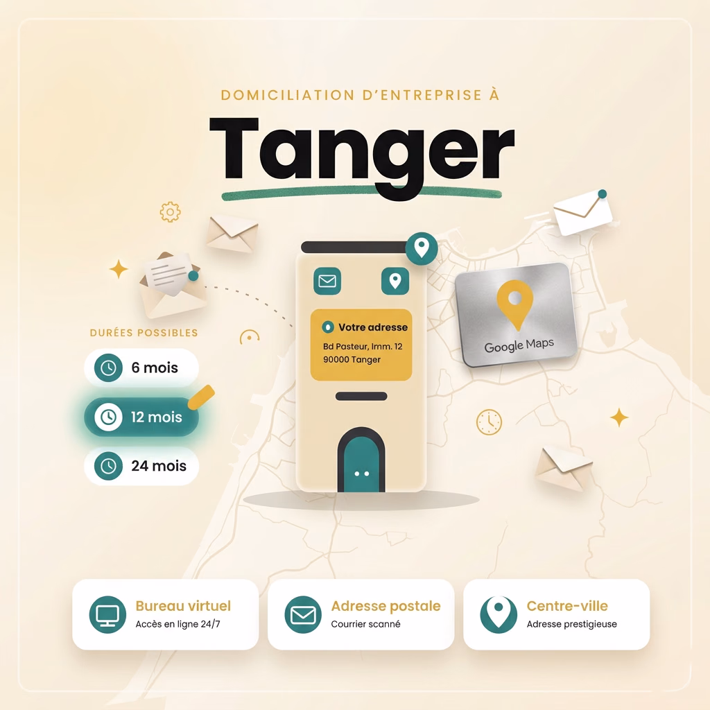 Domiciliation d'entreprise à Tanger avec LetsPro : adresse de siège social prestige centre-ville (Bd Pasteur), gestion et numérisation du courrier, localisation Google Maps, formules 6, 12 et 24 mois, bureau virtuel et adresse postale professionnelle.